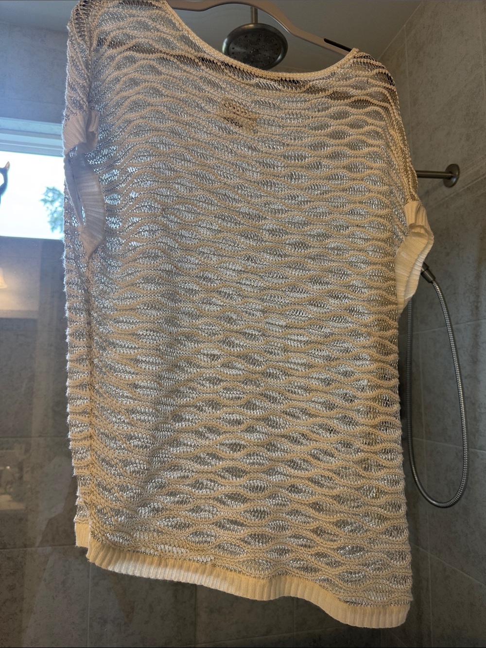 Alice + Olivia Cream Open-Knit Short Sleeve Sweater